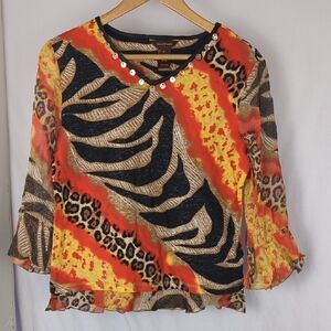 MULTIPLES Women's 3/4 Sleeve Sheer Mesh Animal Print Blouse